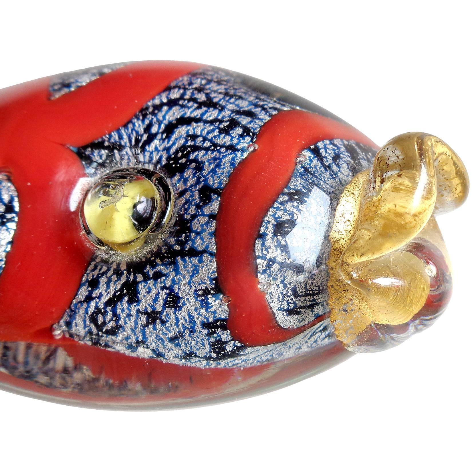 Mid-Century Modern Murano Blue Red Gold Silver Flecks Italian Art Glass Fish Paperweight Sculpture For Sale
