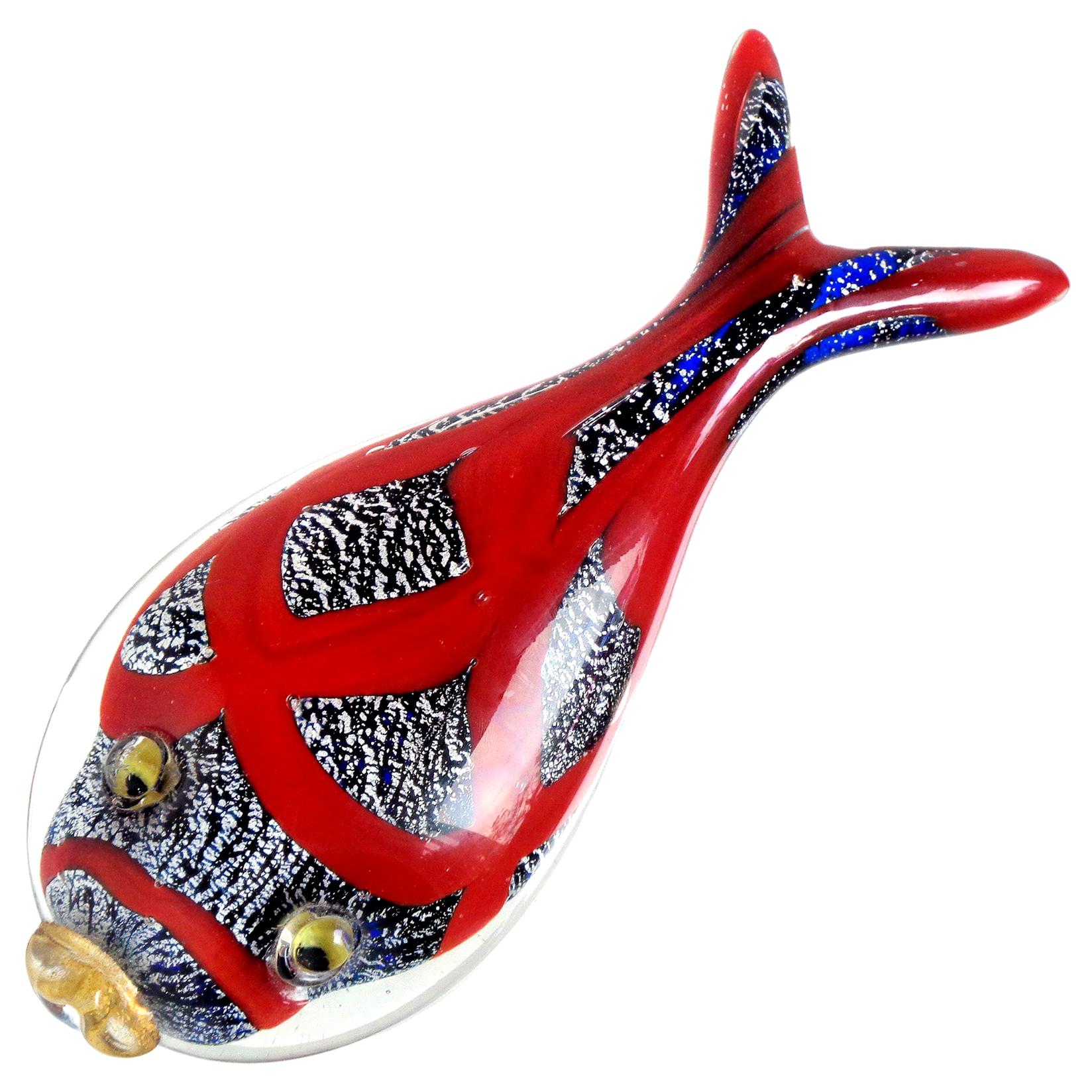 Murano Blue Red Gold Silver Flecks Italian Art Glass Fish Paperweight Sculpture