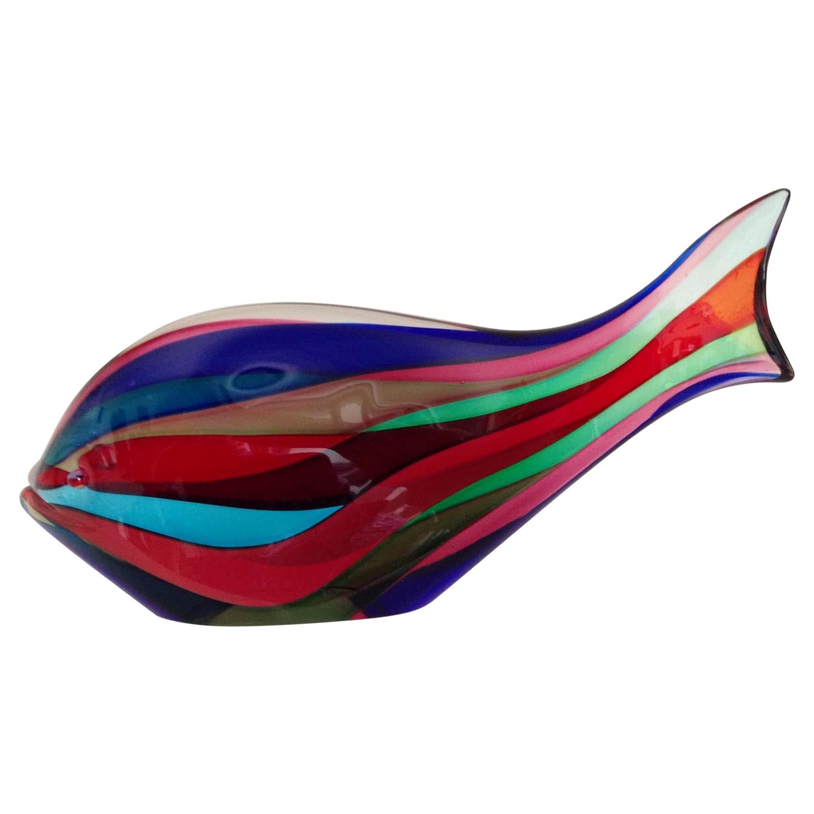 Murano Blue Red Green Italian Art Glass Fish, circa 1970