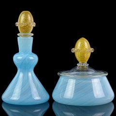 Murano Blue Ribbons Gold Flecks Italian Art Glass Powder Box Perfume Vanity Set