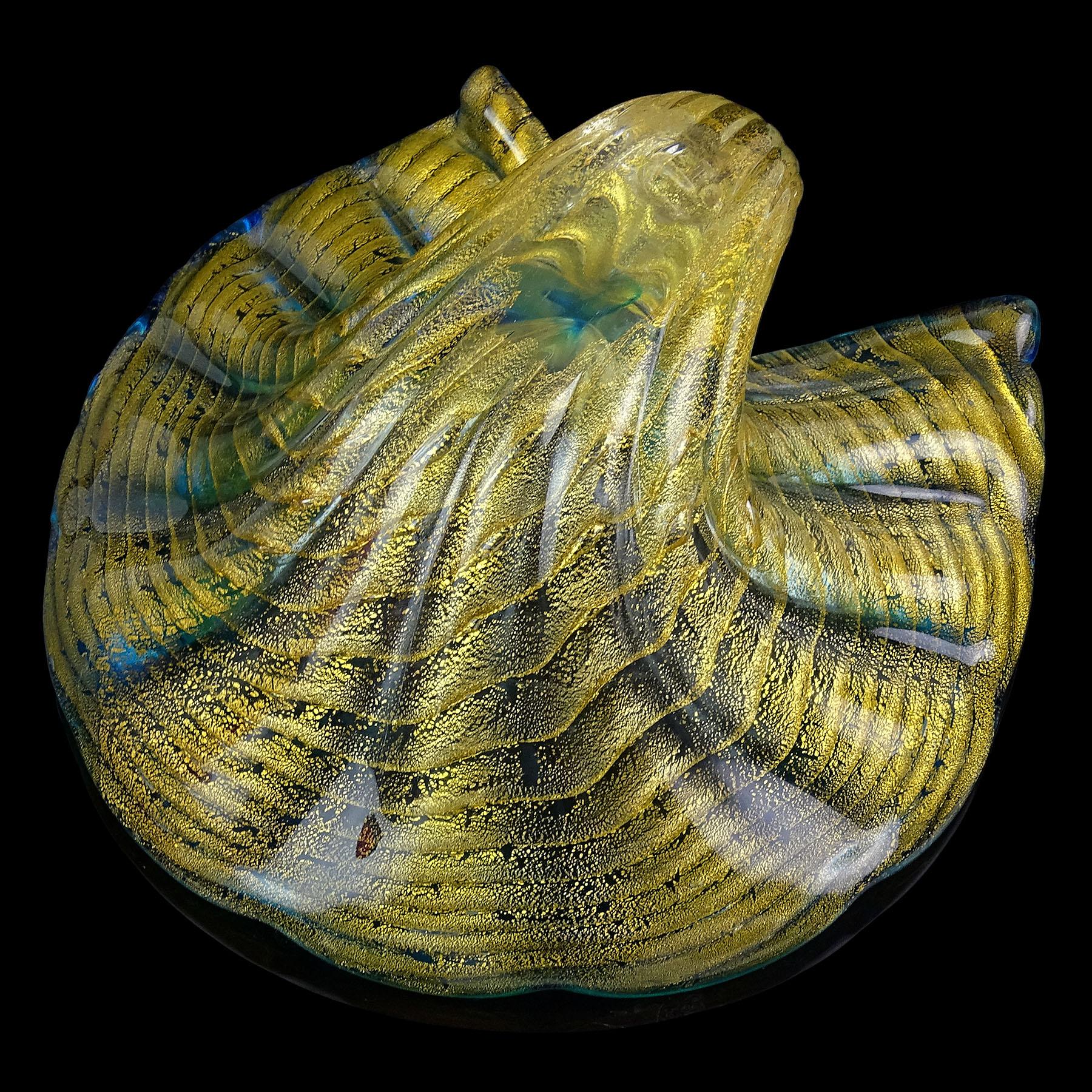 Cuenco de concha de Murano de vidrio artístico italiano con borde azul y motas doradas en venta 2