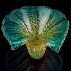 Murano Blue Rim Gold Flecks Ribbed Surface Italian Art Glass Seashell Bowl