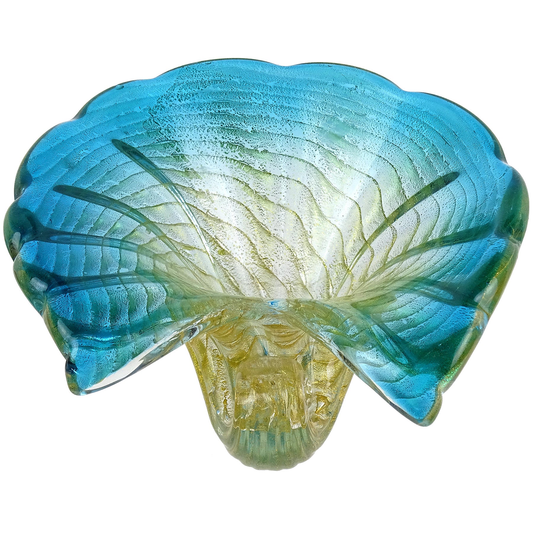 Murano Blue Rim Gold Flecks Ribbed Surface Italian Art Glass Seashell Bowl