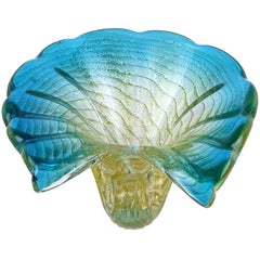 Murano Blue Rim Gold Flecks Ribbed Surface Italian Art Glass Seashell Bowl