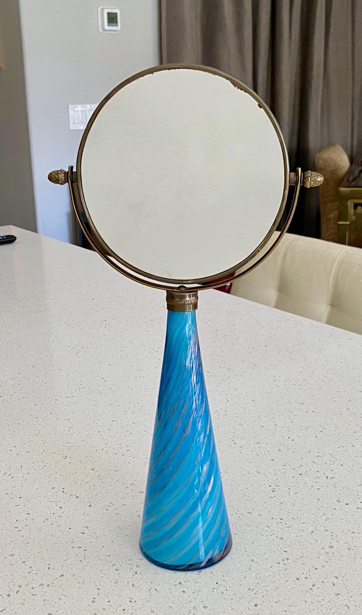 Italian Murano Blue Stripe Glass Vanity Table Mirror