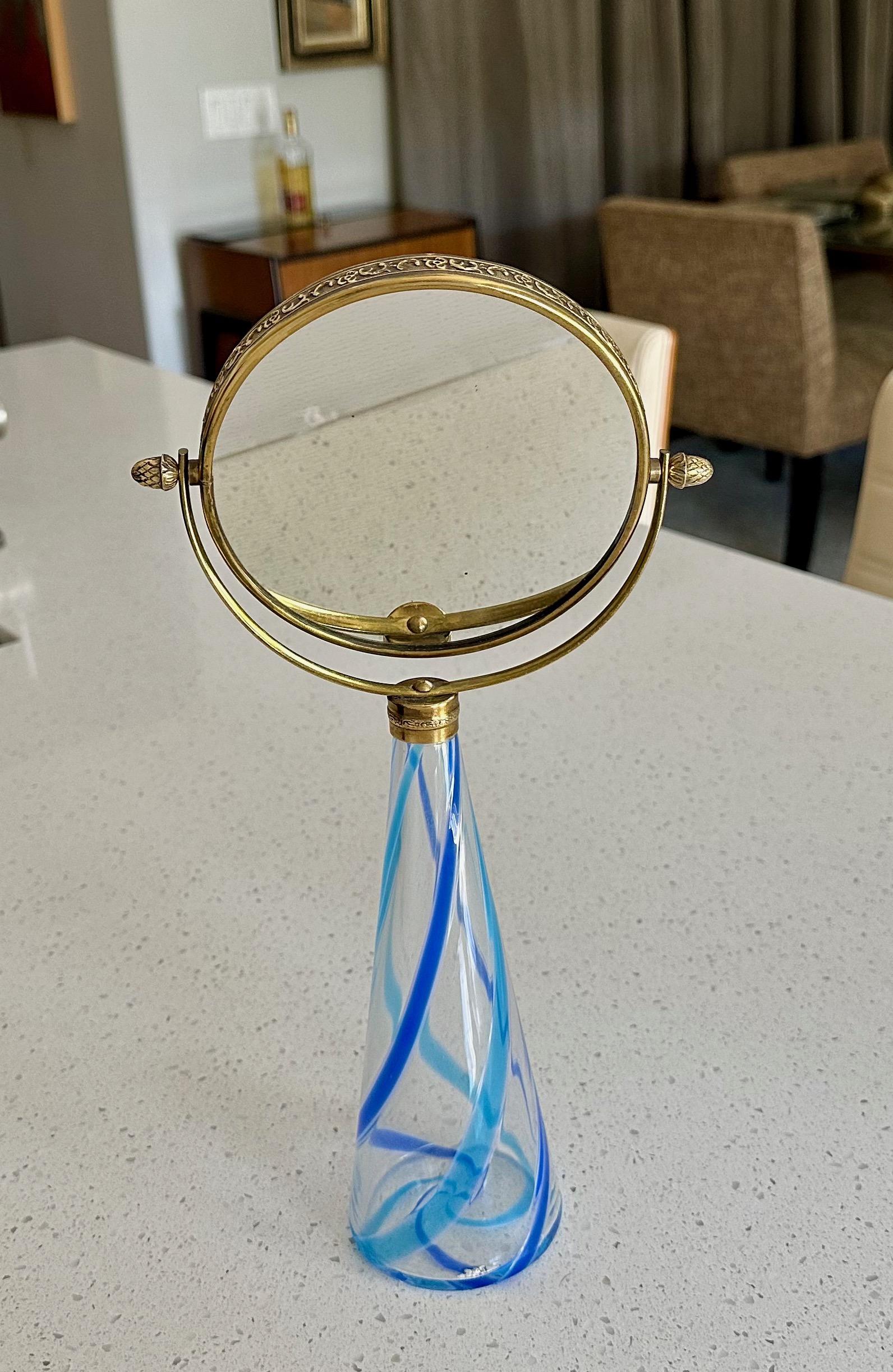 Italian Murano Blue Stripe Glass Vanity Table Mirror For Sale
