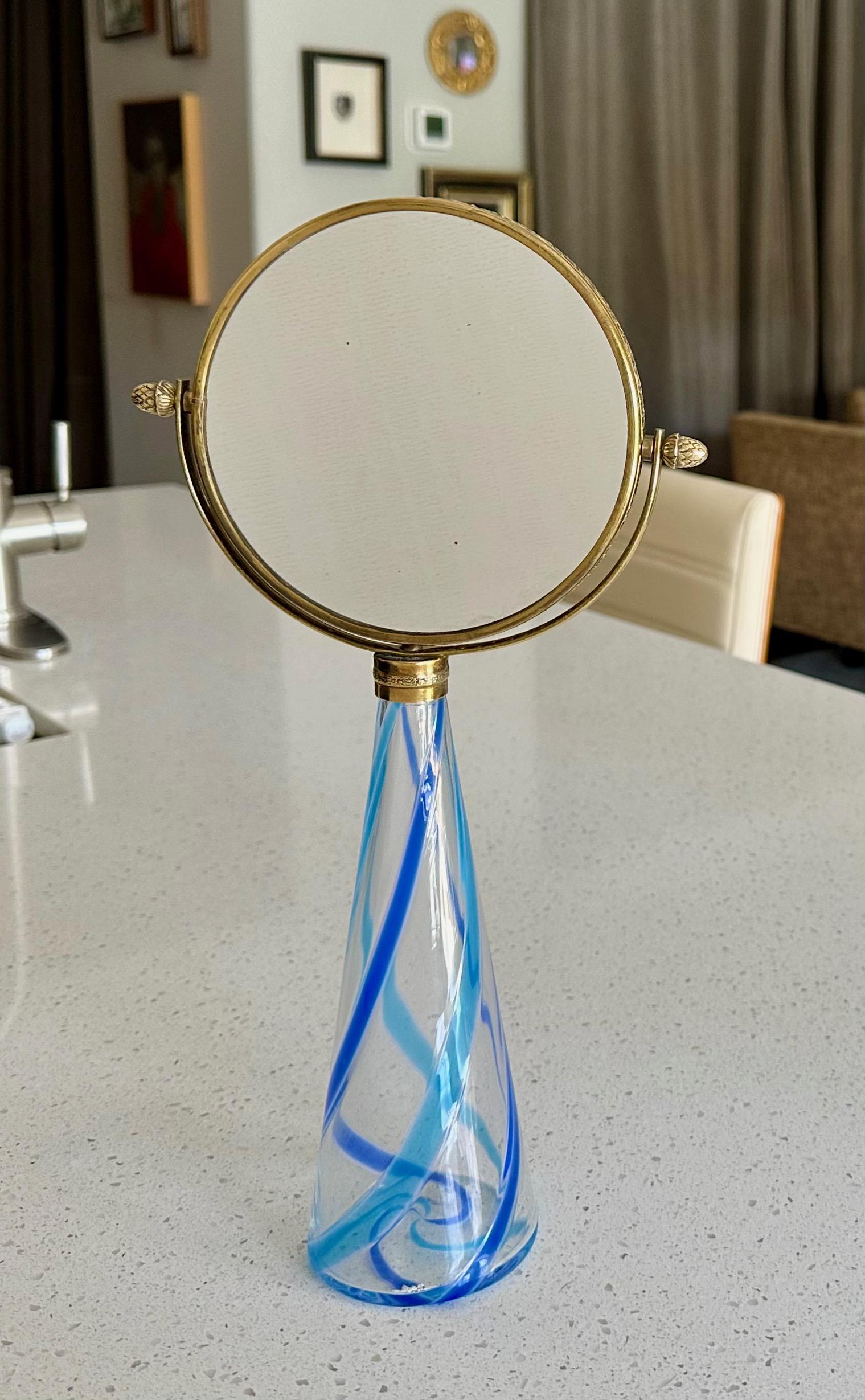 Murano Blue Stripe Glass Vanity Table Mirror In Good Condition For Sale In Palm Springs, CA