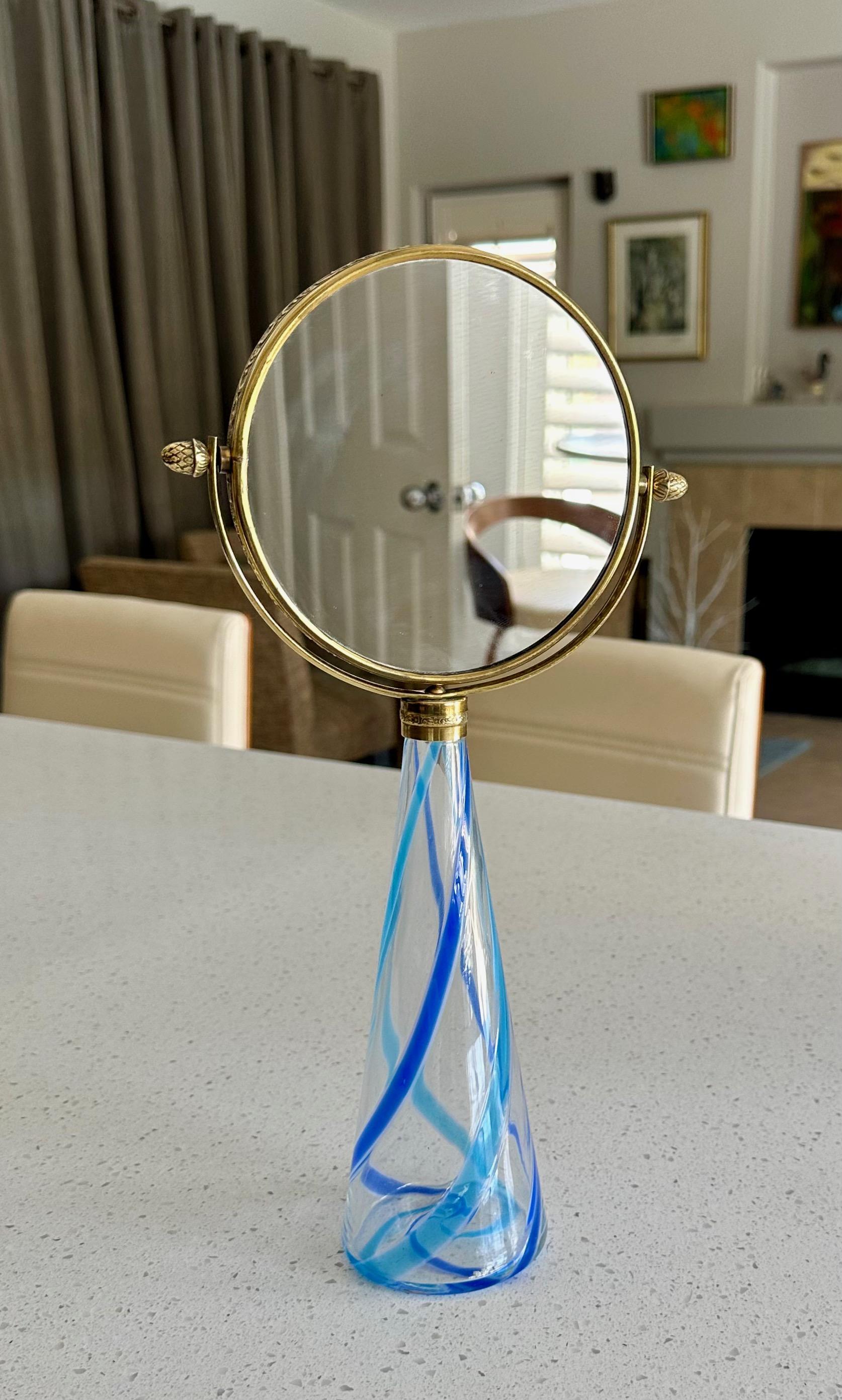 Late 20th Century Murano Blue Stripe Glass Vanity Table Mirror For Sale