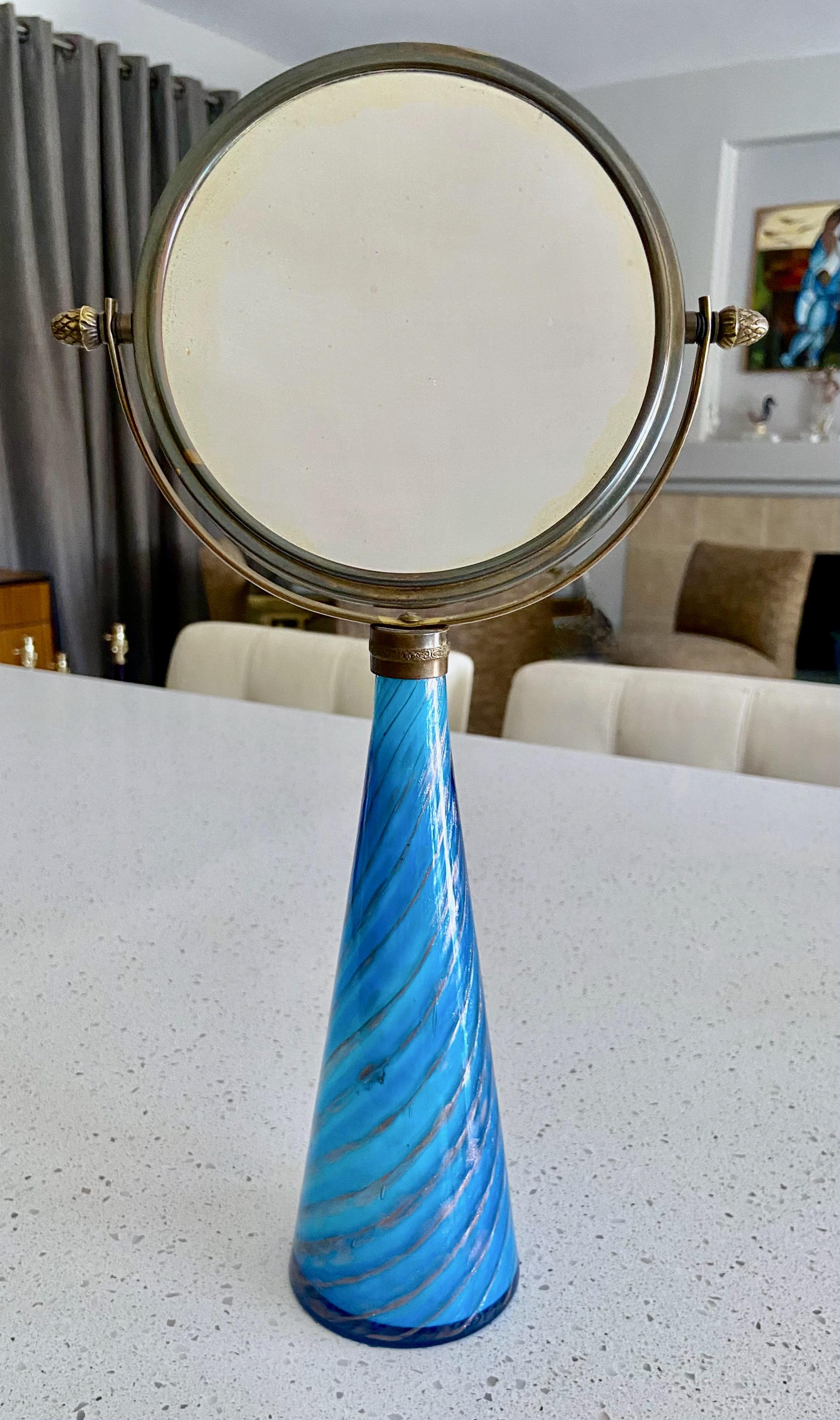 Brass Murano Blue Stripe Glass Vanity Table Mirror