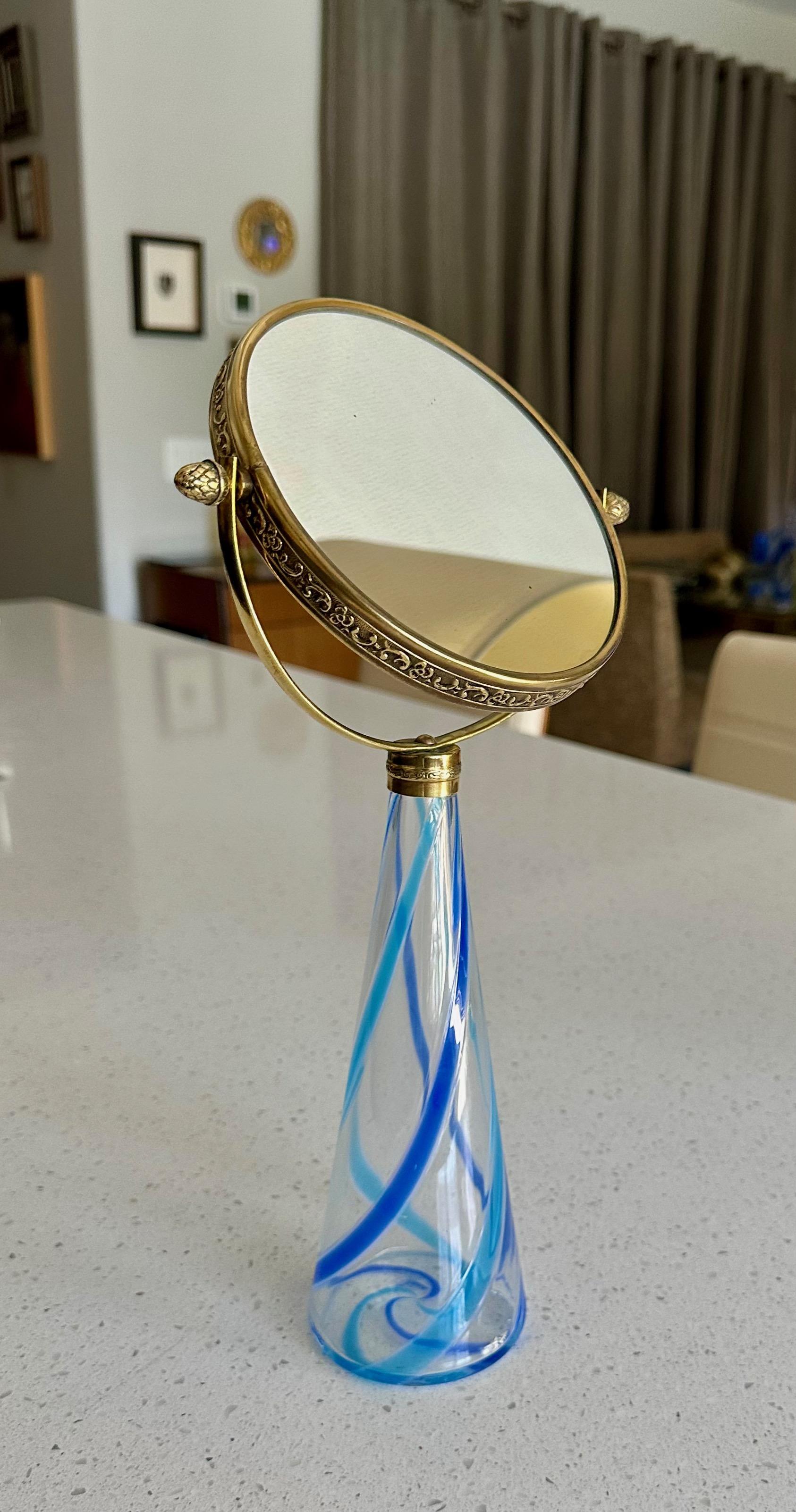 Brass Murano Blue Stripe Glass Vanity Table Mirror For Sale