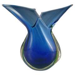 Retro Murano Blue & Uranium Green Sommerso Glass Venetian Vase