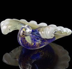 Murano Blue White and Gold Flecks Italian Art Glass Seashell Dish Ring Bowl