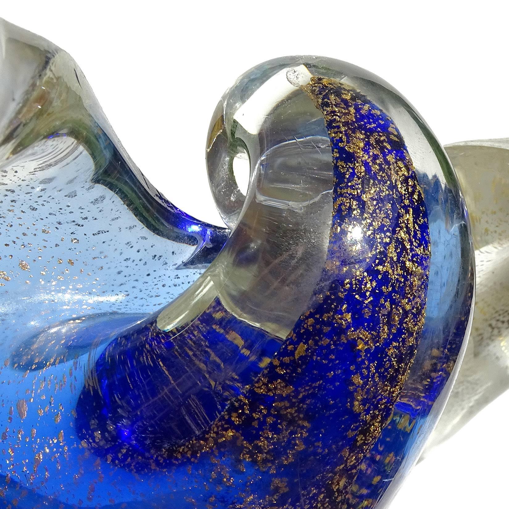 Mid-Century Modern Murano Blue White and Gold Flecks Italian Art Glass Seashell Dish Ring Bowl For Sale