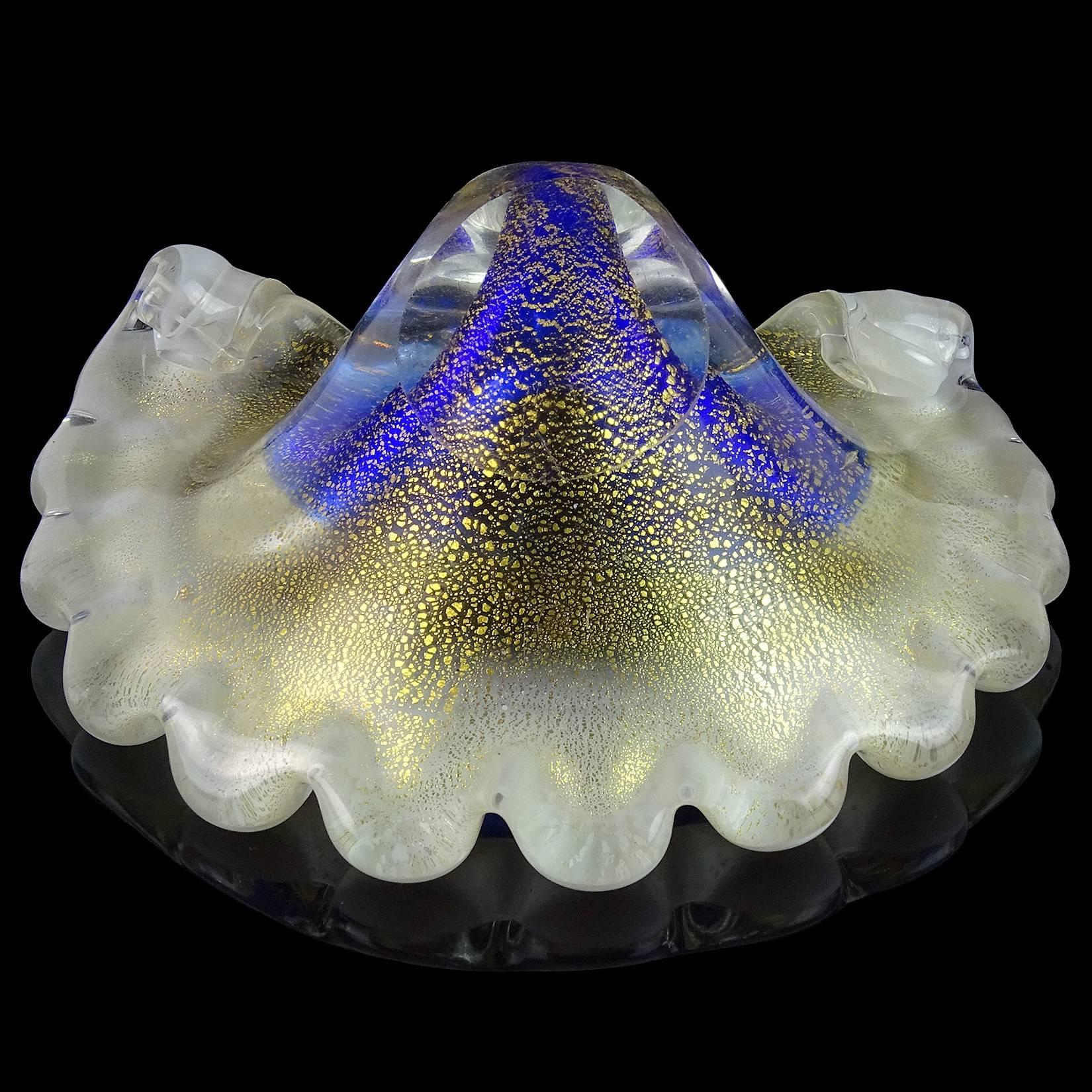 Hand-Crafted Murano Blue White and Gold Flecks Italian Art Glass Seashell Dish Ring Bowl For Sale