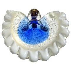 Murano Blue White and Gold Flecks Italian Art Glass Seashell Dish Ring Bowl