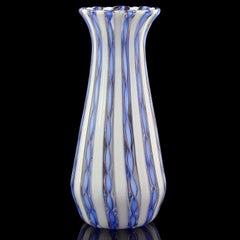 Murano Blue White Aventurine Ribbons Italian Art Glass Mid-Century Flower Vase