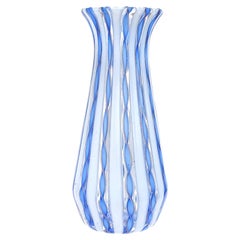 Murano Blue White Aventurine Ribbons Italian Art Glass Mid-Century Flower Vase