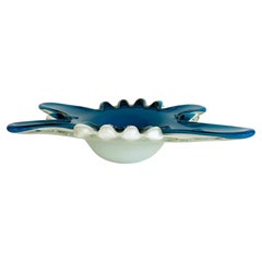 Murano Blue, White Cased Pulled Blown Glass Bowl, "Star Shaped"