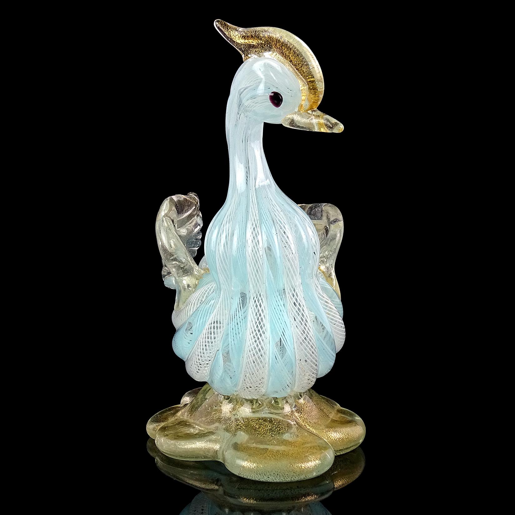 Fait main Sculpture d'oiseau de canard en verre d'art italien de Murano, bleu et blanc, moucheté d'or en vente