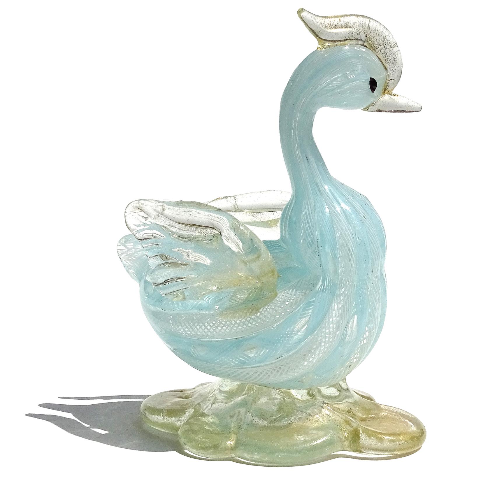Sculpture d'oiseau de canard en verre d'art italien de Murano, bleu et blanc, moucheté d'or Bon état - En vente à Kissimmee, FL