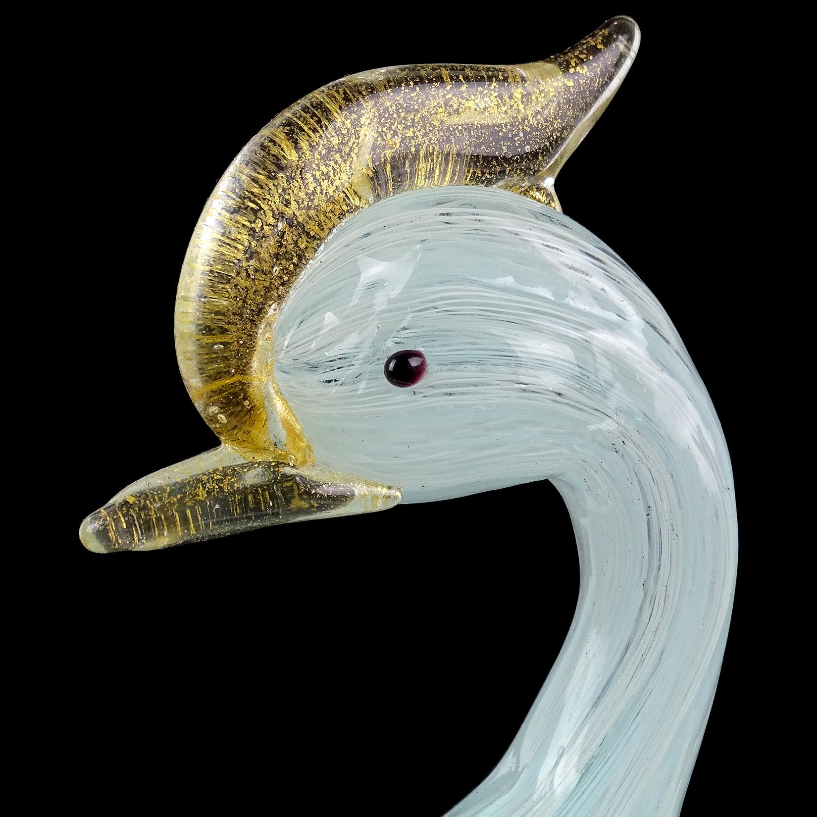 20ième siècle Sculpture d'oiseau de canard en verre d'art italien de Murano, bleu et blanc, moucheté d'or en vente