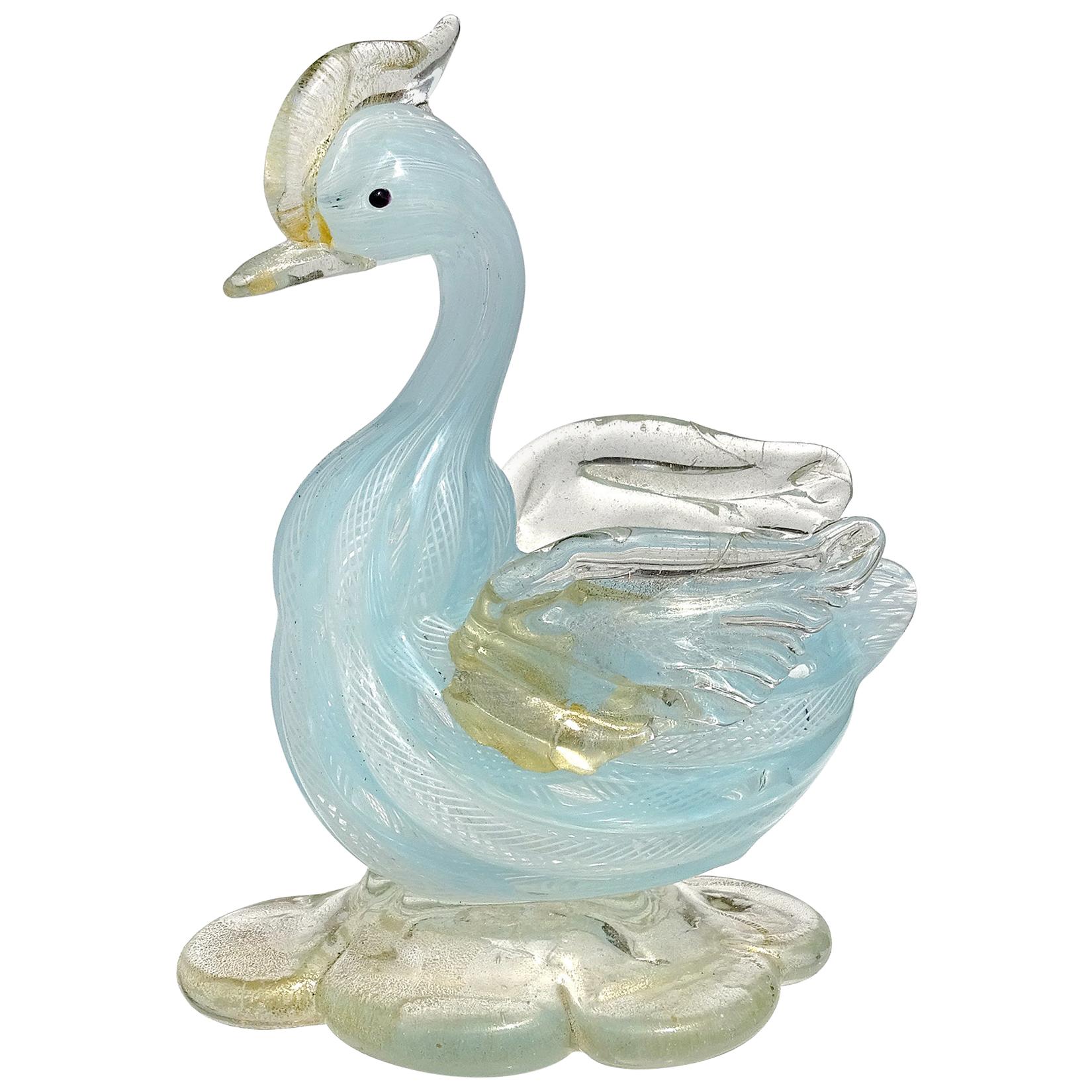 Sculpture d'oiseau de canard en verre d'art italien de Murano, bleu et blanc, moucheté d'or