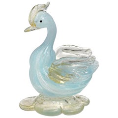 Murano Blue White Gold Flecks Italian Art Glass Duck Bird Figurine Sculpture