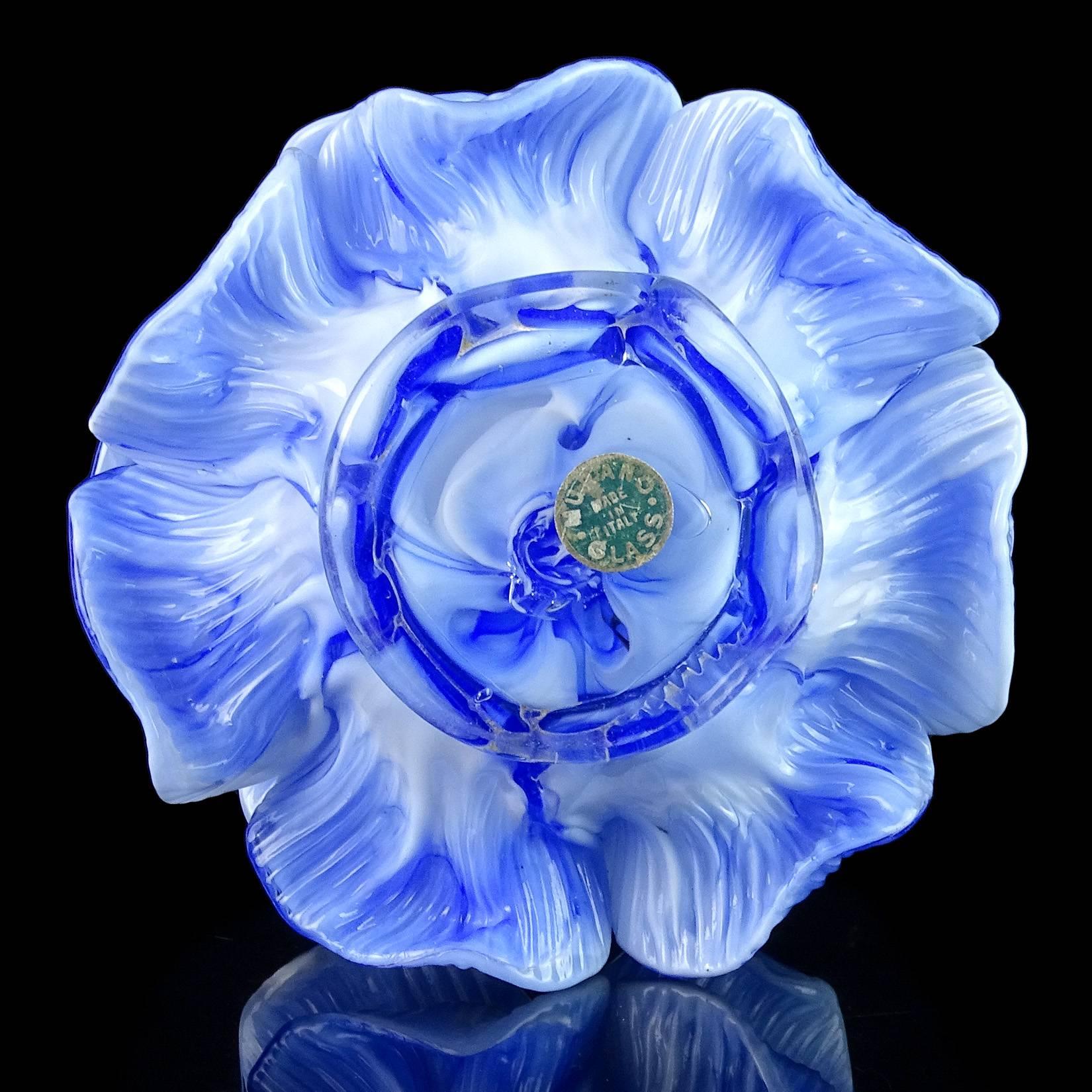Hand-Crafted Murano Blue White Mottled Petal Italian Art Glass Flower Bowls Candleholders