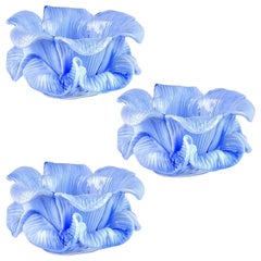 Murano Blue White Mottled Petal Italian Art Glass Flower Bowls Candleholders