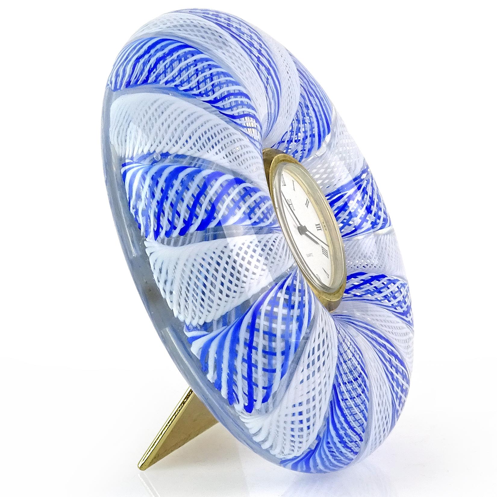 Mid-Century Modern Murano Blue White Net Ribbons Italian Art Glass Decorative Round Desk Clock