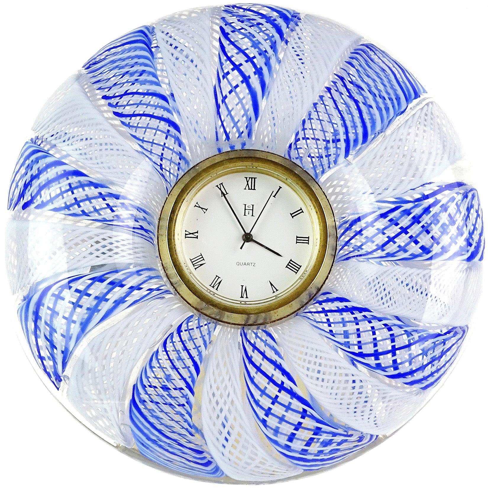 Murano Blue White Net Ribbons Italian Art Glass Decorative Round Desk Clock