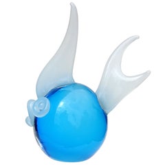 Murano Azul Blanco Opalescente Arte Italiano de Vidrio Figura de Pez Pisapapeles Escultura