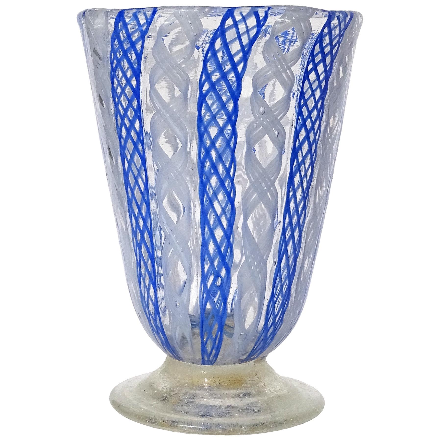 Murano Blue White Zanfirico Ribbons Italian Art Glass Decanter Shot Glasses Set For Sale 4