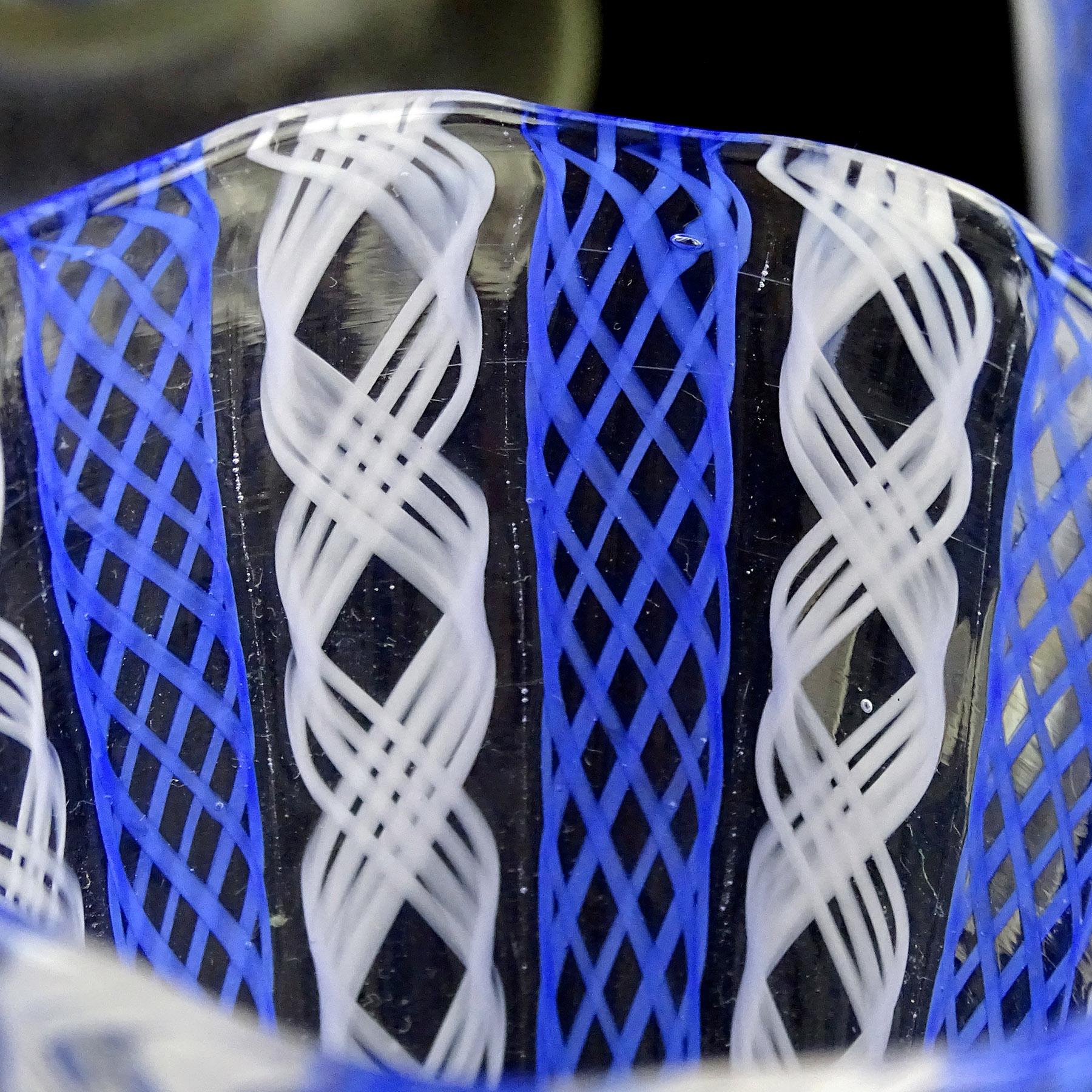 Murano Blue White Zanfirico Ribbons Italian Art Glass Decanter Shot Glasses Set For Sale 5