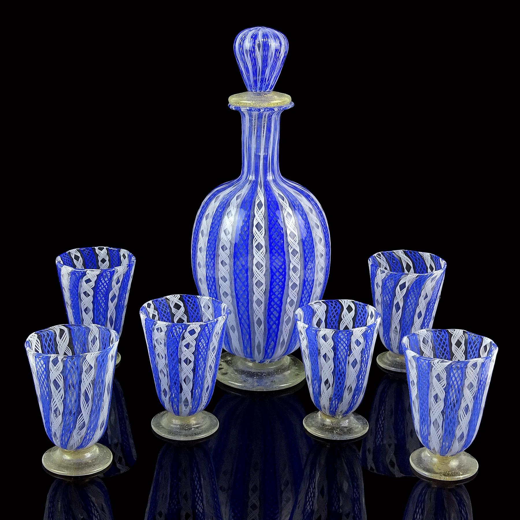 Mid-Century Modern Murano Blue White Zanfirico Ribbons Italian Art Glass Decanter Shot Glasses Set For Sale