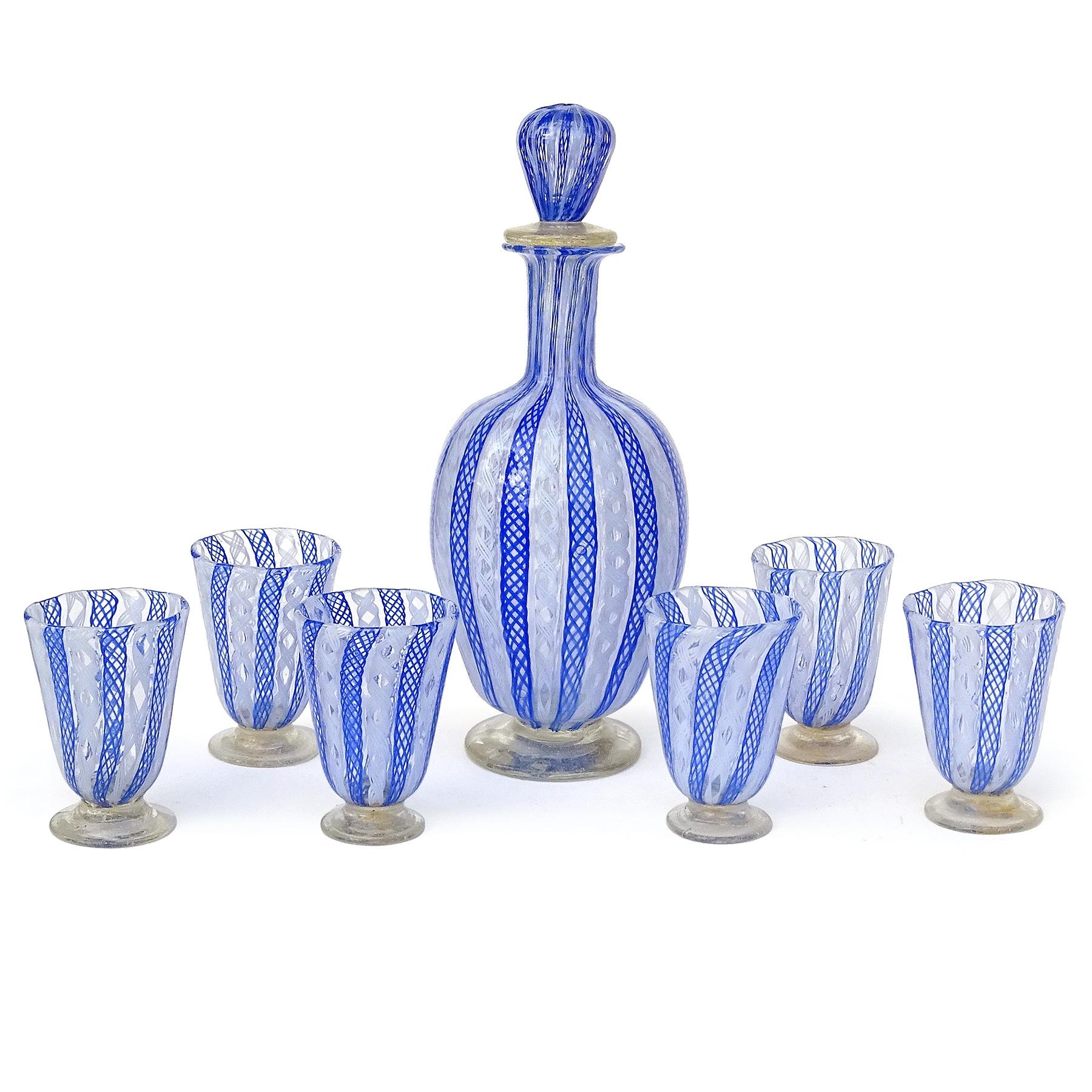 Mid-Century Modern Murano Blue White Zanfirico Ribbons Italian Art Glass Decanter Shot Glasses Set For Sale
