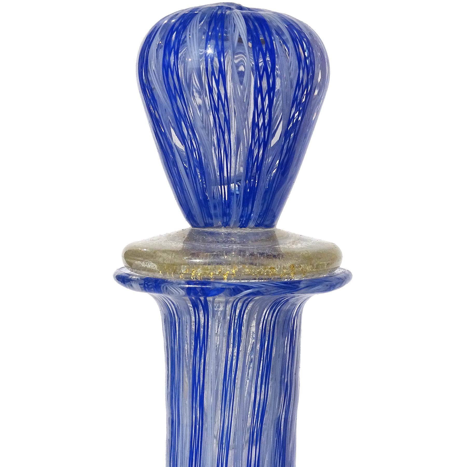 20th Century Murano Blue White Zanfirico Ribbons Italian Art Glass Decanter Shot Glasses Set For Sale