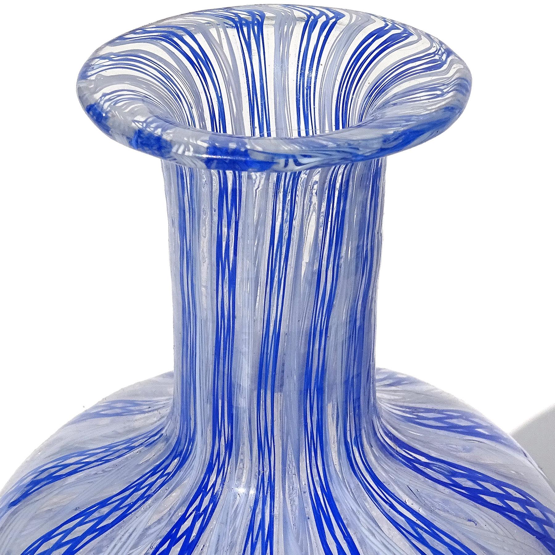 Murano Blue White Zanfirico Ribbons Italian Art Glass Decanter Shot Glasses Set For Sale 1