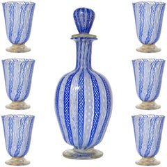 Used Murano Blue White Zanfirico Ribbons Italian Art Glass Decanter Shot Glasses Set