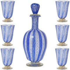 Murano Blue White Zanfirico Ribbons Italian Art Glass Decanter Shot Glasses Set