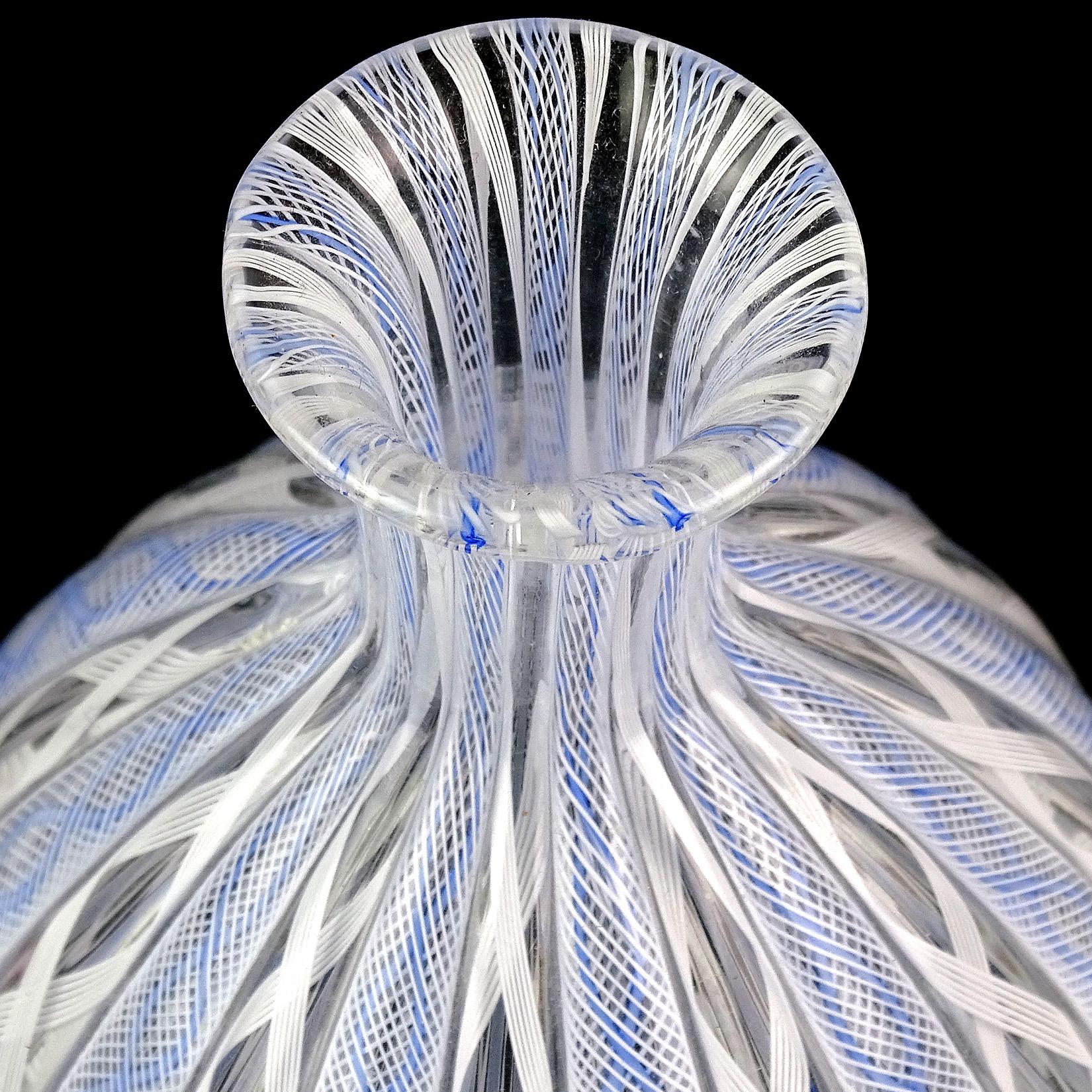 Art Deco Murano Blue White Zanfirico Ribbons Italian Art Glass Specimen Flower Vase
