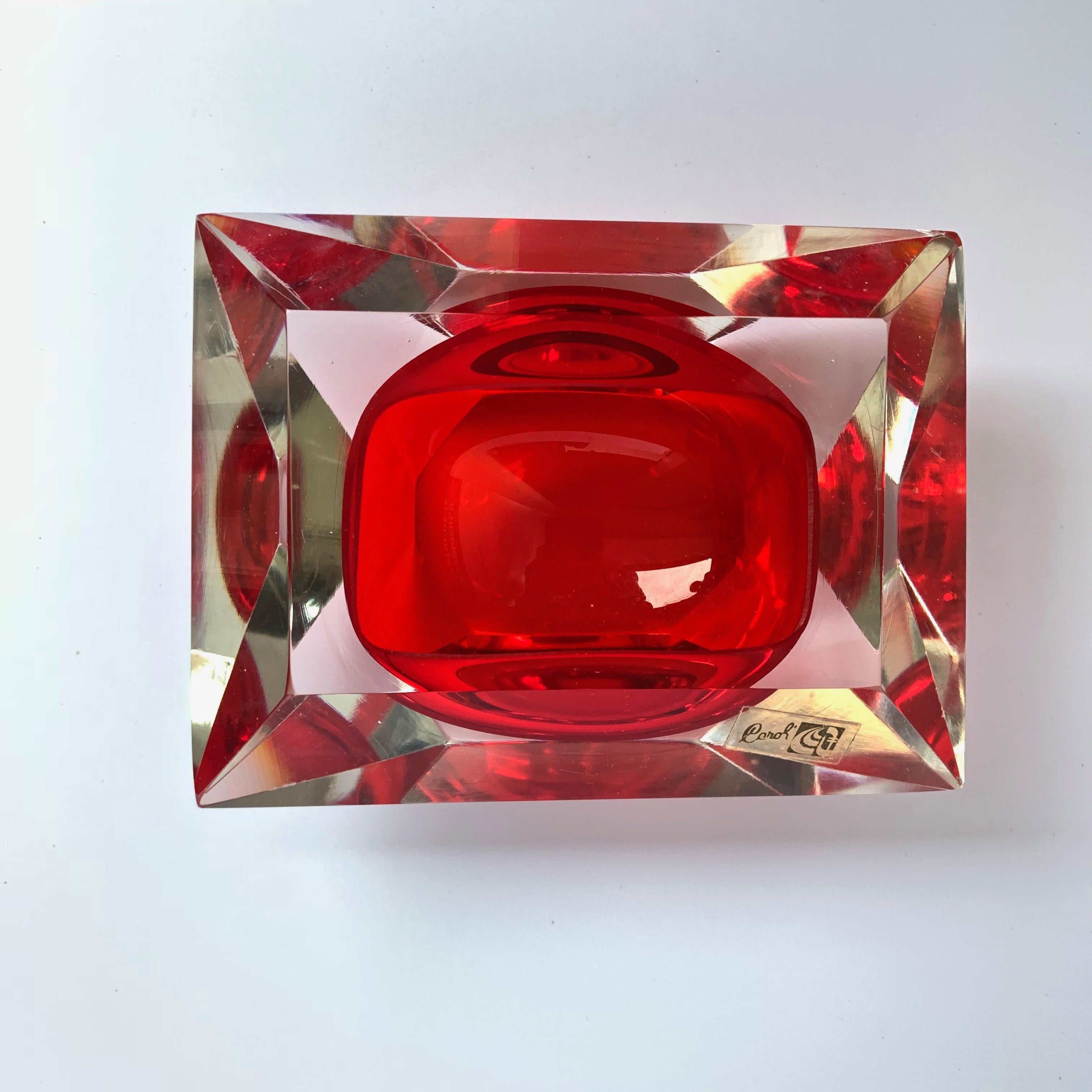 Glass Murano bowl, Flavio Poli, submerged glass. Cut and ruby ​​color, Italy, 50s For Sale