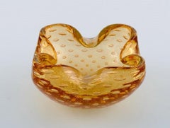 Murano Bowl in Amber Colored Mouth-Blown Art Glass with Inlaid Air Bubbles