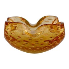 Murano Bowl in Amber Colored Mouth-Blown Art Glass with Inlaid Air Bubbles