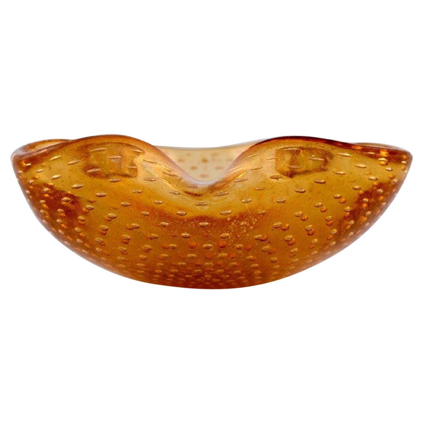Murano Bowl in Amber Colored Mouth-Blown Art Glass with Inlaid Air Bubbles For Sale