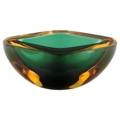 Murano Bowl in Green and Amber Colored Mouth-Blown Art Glass, Italian Design