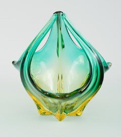 Murano Bowl in Mouth-Blown Art Glass, Green and Yellow Shades, 1960s