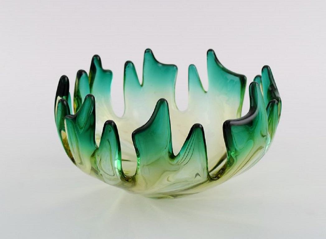 Italian Murano Bowl in Mouth Blown Art Glass, Green and Yellow Shades, 1960s