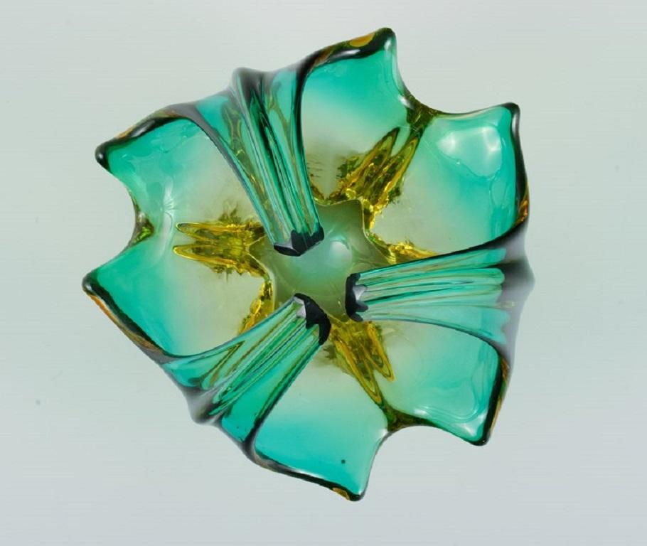 Italian Murano Bowl in Mouth-Blown Art Glass, Green and Yellow Shades, 1960s For Sale