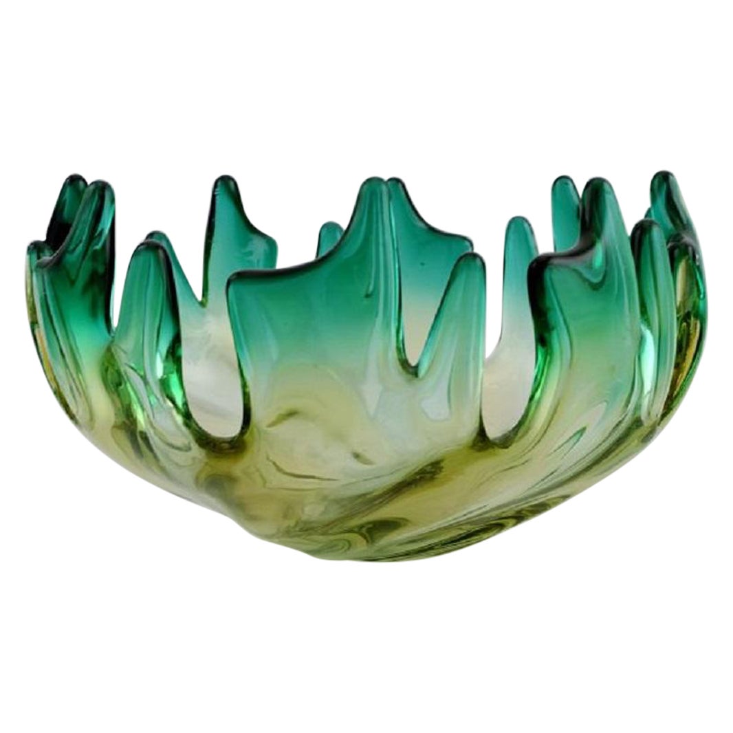 Murano Bowl in Mouth Blown Art Glass, Green and Yellow Shades, 1960s